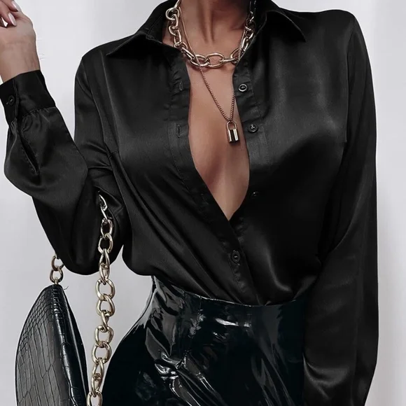 BellanBlue Satin Button Down Shirt - Bronze - Picture 2 of 12